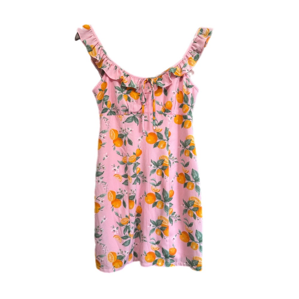 City Studio Orange Fruit Print Mini Dress‎ Womens XS Pink Excellent Ruffle Strap